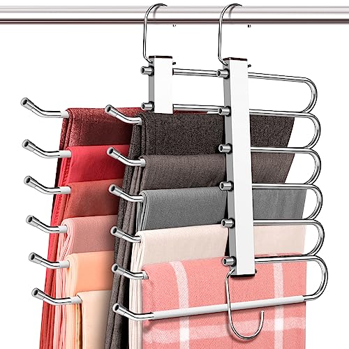 HUITEM Space Saving 6 Tier Pant Hangers, Anti-Slip, Lightweight, Stainless Steel, 2 Pack, White - color: White, size: 2 Pack