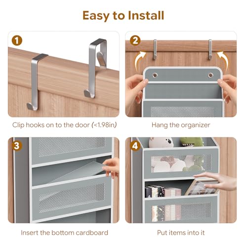 Simple Trending Over The Door Organizer, Hanging Shelves with 5 Large 5 Side Pockets, 44 lb Weight Behind Door Storage for Bedroom,Bathroom, Pantry, Nursery, Grey