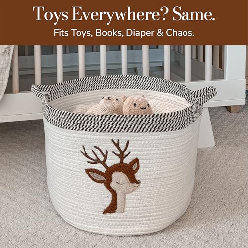 Deer Storage Basket for Nursery – Large 15”x11” Cotton Rope Bin with Soft Felt Animal Patch – Toy Organizer, Baby Laundry Hamper, Diaper & Towel Holder – Foldable, Washable & Baby-Safe - color: Deer
