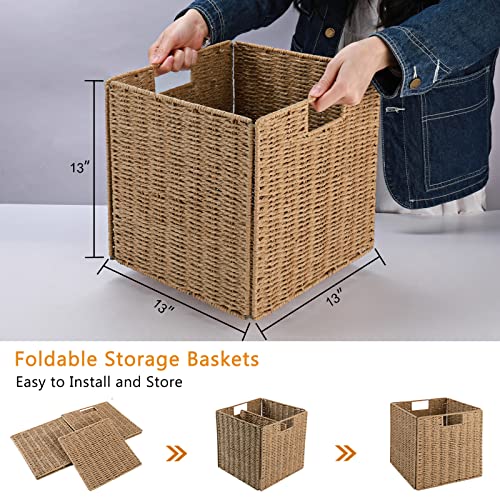 Vagusicc Wicker Baskets, Set of 2 Hand-Woven Storage Baskets for Shelves with Handles, Foldable Cube Wicker Storage Basket Bins Organizer 13 Inches Large Woven Baskets for Storage Organizing & Decor - color: Natural, size: 13'' x 13'' x 13''