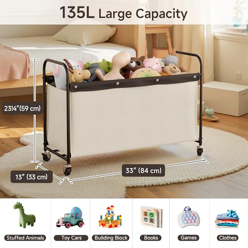 StorageWorks Toy Box with Wheels for Kids, 135L Large Toy Storage Chest and Organizer, 23" Metal Toybox with 360° Swivel Wheels for Bedroom, Kids Room, Stuffed Animal Storage, Beige - color: Beige, size: 33"Lx13"Wx23¼"H