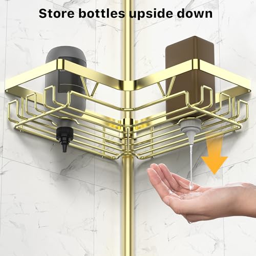 KEGII Corner Gold Shower Caddy Tension Pole - 4-Tier Rustproof Shower Rod Organizer, Floor to Ceiling Tension Rod 25-114.2 inch, Stainless Steel Corner Shower Shelf, Waterproof - style: Tension Caddy - Gold