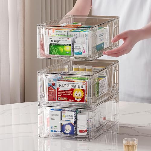 4 pack clear Drawer-Type Plastic Storage Box Bins Organizer，Family First Aid Kits Medicine cabinet Box Organizer,Closet ，Shelf，Ointments, Adhesive Bandages，Cosmetics,Office Items (clear, ZZ4L) - size: ZZ4L