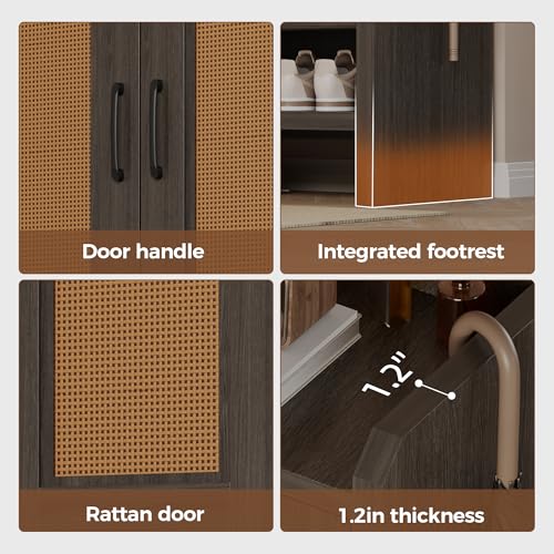 Mericonia 6-Tier Shoe Cabinet Storage for Entryway, Rattan Shoes Organizer Cabinets with Doors, Wooden Shoe Rack, Farmhouse Boho Wood Storage Cabinet (Black, 6-Tier) - color: Black, size: 6-tier