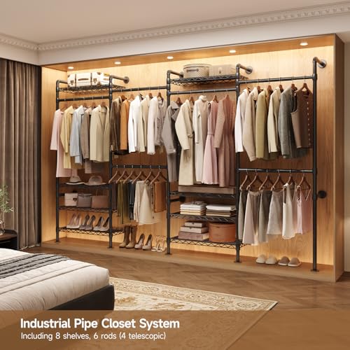 ComfyCorner Wall Mounted Garment Rack, Industrial Pipe Metal Clothing Rack with 6 Hanging Rods (4 Expandable) & 8 Shelves, Closet Organizers and Storage System for Bedroom, Walk in Closet - color: Black