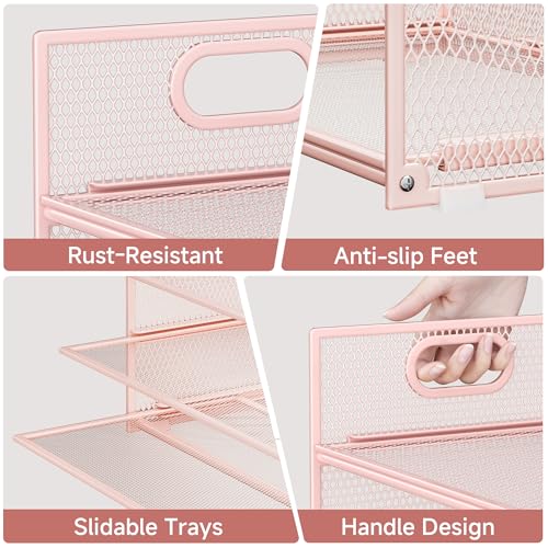 Pink Paper Organizer for Desk with Handle, 6-Tier Metal Mesh File Organizer | Stackable Desktop Organizer for Office Supplies & Stationery Storage - color: Pink, size: 12.6" x 9.1" x 13.5"