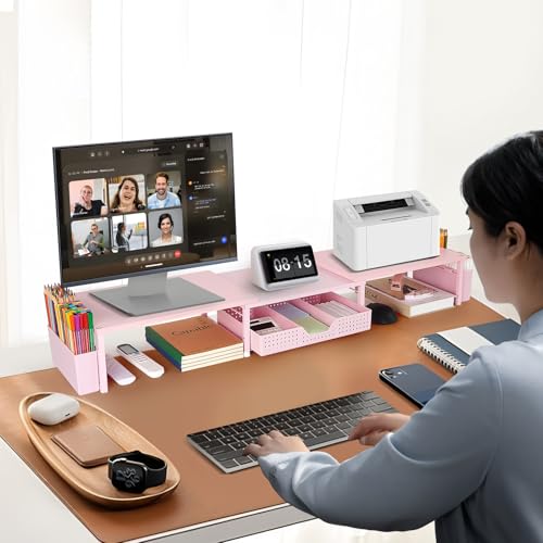 OPNICE Desk Organizers and Accessories, Dual Monitor Stand Riser with Drawer and 2 Pen Holders, Desk Shelf Wood Computer Racks for Office Workspace Organizers, Desktop Organization (Pink Wood) - color: Pink Wood, size: With drawer and pen holder