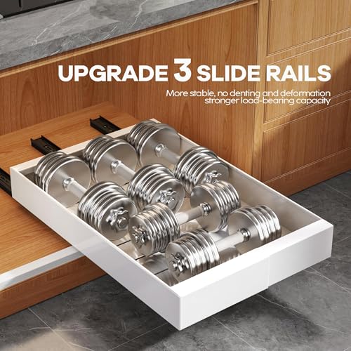 Seinloes 4 Pack Expandable Width (9"-14.1") Pull Out Cabinet Organizer 21" Deep with Raising Pad for Framed Cabinets, Upgrade 3 Slide Rails Slide Out Drawers, Roll Out Shelves Adhesive, White - color: White, size: 21"D x 9"-14.1"W(4Pack)