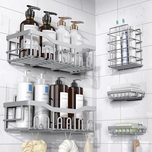 EUDELE 5-Pack Rustproof Stainless Steel Shower Caddy Set– No Drill Adhesive Bathroom Organizer, Space-Saving Shower Shelves for Apartment Essentials, Bathroom/Kitchen Storage Home Decor-L Size - color: Light Grey-5pcs
