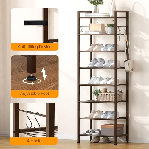 usikey 8 Tiers Narrow Shoe Rack 16-24 Pairs, Sturdy Metal Tall Shoe Rack with 4 Hooks, Slim Shoe Storage Organizer with Metal Shelf, Space Saving Vertical Shoe Shelf for Entryway BronzeUNYXJX016A - color: 8 Tier ( 17.9 X 11 X 55.5 Inches)-bronze