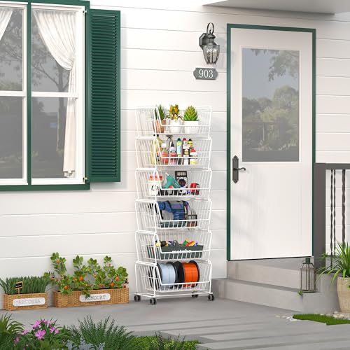 PUSDON 6-Tier Tall Stackable Wire Storage Baskets with Wheels, Vertical Metal Rolling Utility Cart, High Capacity Produce Basket for Kitchen Pantry, Snack Organizer, Classic White - color: White, size: 6 Tier Standard