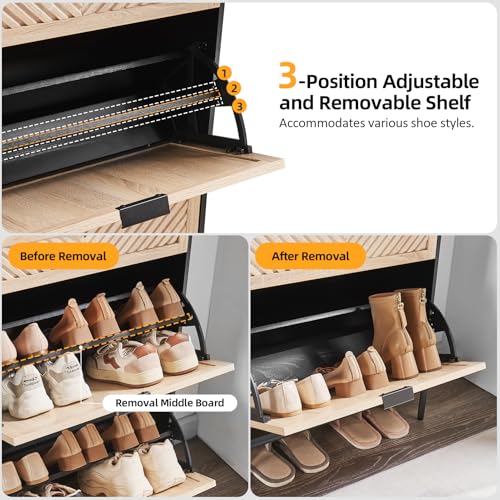 Shoe Cabinet Storage with 2 Flip Drawers, Narrow Hidden Shoes Organizer Cabinet for Entryway, Freestanding Slim Shoe Rack Front Door Entrance(Oak&Black) - color: Oak&black, size: Medium