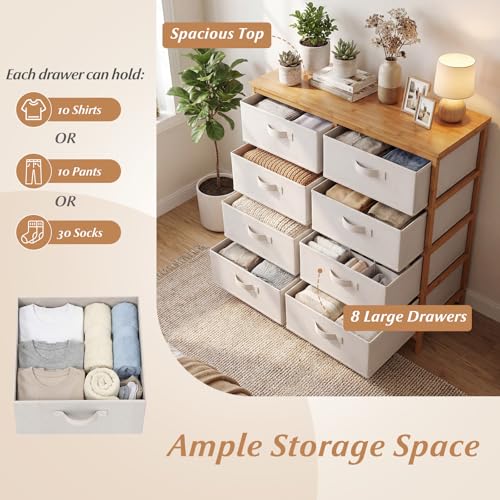 LOKO Fabric Dresser with 8 Drawers, Bamboo Storage Tower with Foldable Drawers & Top Shelf, Modern Chest of Drawers, Tall Vertical Organizer Unit for Closet, Living Room, Bedroom, Hallway - size: 16"D x 31.5"W x 37"H (8 Drawers)
