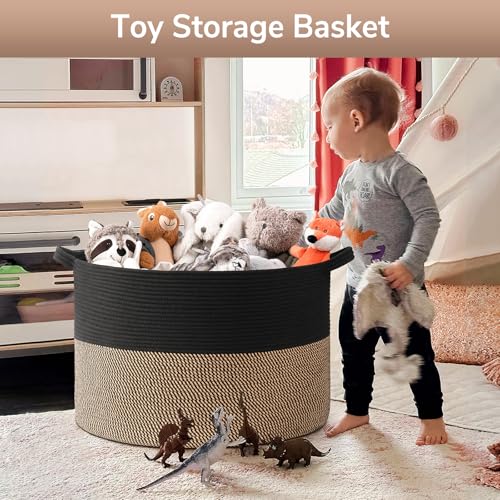 Goodpick 115L Extra Large Blanket Basket, 23.5"x23.5"x15.8" Woven Rope Basket for Storage, Kids Toy Storage for Nusery Room - color: Black & Mix Jute, size: 23.5x23.5x15.8 Inch (Pack of 1)