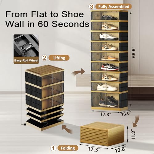 SYNCVIBE Shoe Rack Organizer for Closet Entryway Foldable Sneaker Storage Shoe, Collapsible Shoe Cabinet, Stackable Shoe Storage Cabinet with Lids for Living Room (9 Tiers -18 Pairs Black Gold) - size: 9 Tiers -18 Pairs Black Gold