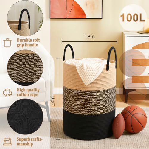 Artfeel Laundry Basket,Woven Cotton Rope Laundry Hamper,100L for Decorative Storage of Dirty Clothes,Toys and Blankets in Bathroom,Bedroom and Living Room - color: Black & Brown, size: 100L