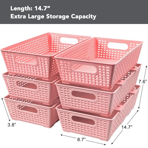 Tiawudi Stackable Woven Plastic Basket, Storage Bins for Cabinet, Closet, Shelf, Under Sink and Countertop, Pantry Organizer Bins, 6 Pack - color: Pink