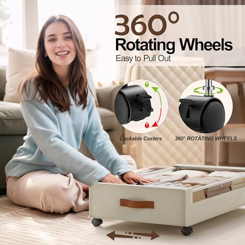 LAMU Under Bed Storage with Wheels, 2 Pack Under Bed Storage Containers with Clear Lid, XXL 60L Underbed Storage Bins, Rolling Under Bed Metal Drawers for Clothes, Blankets, Shoes, Beige - color: Beige, size: 2 Pack