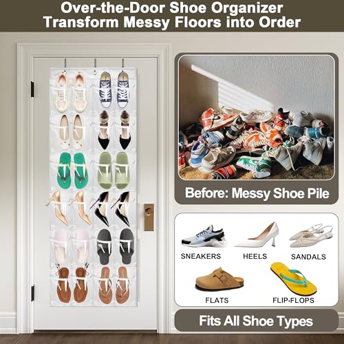 Over the Door Shoe Organizer with 24 Crystal Clear Pockets and Metal Hooks – Heavy Duty Hanging Shoe Storage Rack for Closet, Bathroom, Dorm – Space Saving for Shoes, Accessories, Toys (White) - color: White, size: 1pc