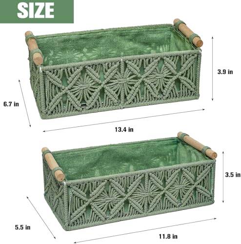 HOSROOME Macrame Boho Decor Baskets for Organizing Woven Decorative Basket for Countertop Toilet Paper Basket for Tank Top for Home Decor Bedroom Nursery Livingroom Entryway (Set of 2,Green) - color: green