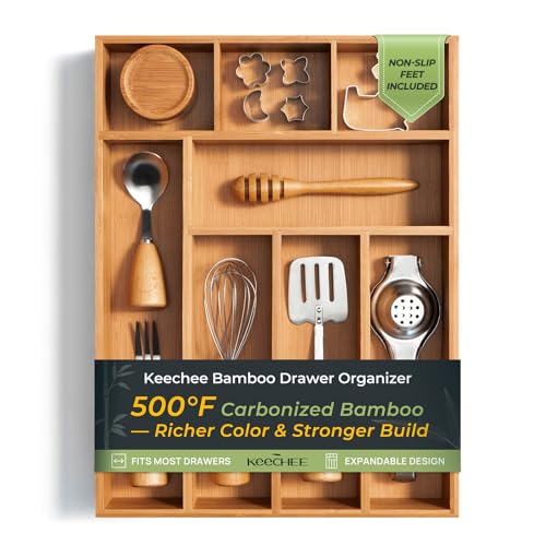 Carbonized Bamboo Kitchen Drawer Organizer, 8 Slots Silverware Organizer, Utensil Holder & Cutlery Tray, 2.2" Deep for Extra Capacity, Non-Slip Feet Included - size: 8 Slots