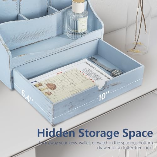 Rebee Vision Pine Wooden Mail Organizer for Desk - Rustic Farmhouse Mail Holder for Desk Organization with Drawer & Dividers - 4-Slot Letter Sorter, File Storage & Home Office Decor (Blue) - color: B-Blue