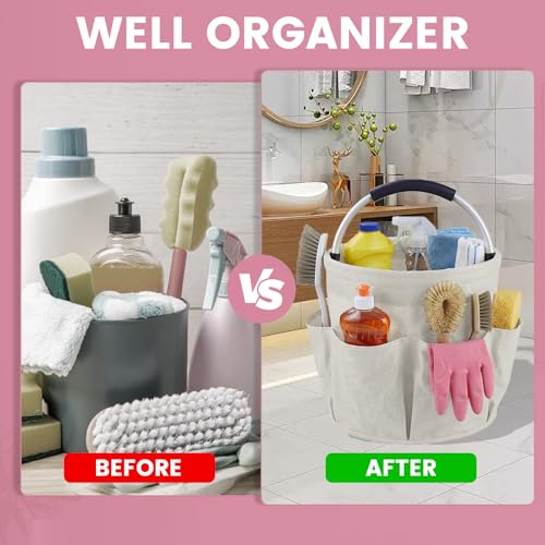 Cleaning Caddy with Handle and 6 Pockets, 17L Cleaning Supplies Organizer, 600D Oxford Fabric Storage Basket, Multifunctional Bucket Bag for Picnics, Camping, Gardening, Bathing (Off-White) - color: Off-white