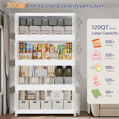120Gal/480QT 4-Tiers Extra Large Stackable Storage Bins with Lid, Collapsible Cabinet Closet Organizer Plastic Container Box with Wheels Doors Drawers for Office Dorm Kitchen, White - color: White, size: 30Gal-4Pack