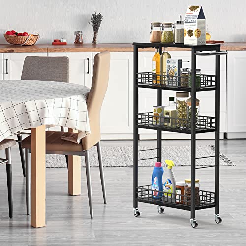Slim Storage Cart 4 Tier Rolling Kitchen Cart Utility Serving Cart Laundry Room Narrow Cart with Handle Mobile Sheving Unit Organizer Wood Rolling Storage Cart for Bathroom Small Spaces, Modern Black - color: Black