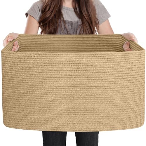 MEGASKET Large Jute Rectangle Rope Basket, 23.6" x 17" x 12" Blanket Storage for Living Room, Pool Towel Basket, Woven Baby Floor Laundry Hamper for Clothes, Toy Storage Bin, Bathroom Towel Storage - color: Jute, size: 23.6"x17"x12