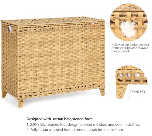 Laundry Hamper with 4 Removable Liner Bags; 176L Handwoven Rattan Laundry Basket with Lid & Heightened Feet; Clothes Hamper with Side Handles - color: Natural, size: 176L-4 Section