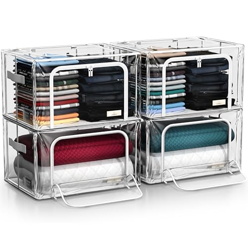 Sorbus Storage Bins with Metal Frame - Stackable & Foldable Clothes Organizer Bags - Clear Soft Plastic Storage Containers (4 Pack, Medium) - size: Medium, style: 4 Pack