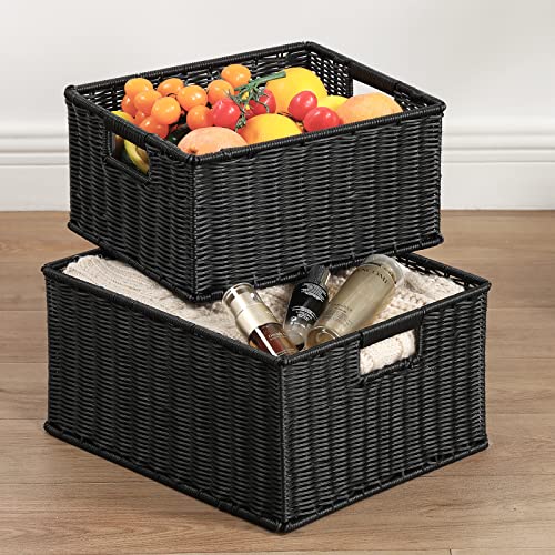 HOONEX Large Wicker Baskets for Storage, Plastic Baskets for Organizing with Dual Handles, Woven Baskets for Storage, Set of 2, (Black, 15 x 12.8 x 7.5 inches) - color: Black, size: 15 x 12.8 x 7.5 inches
