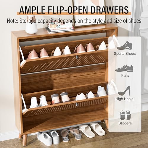 Fsbecl Shoe Storage Cabinet for Entryway with 2 Flip Drawers, Narrow Wood Shoe Cabinet with Fluted Panel, Freestanding Hidden Shoe Organizer for Foyer, Hallway (Walnut - No Shelf) - color: Walnut - No Shelf