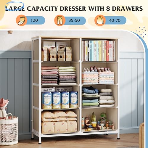 WLIVE Fabric Dresser for Bedroom, Tall Dresser with 8 Drawers, Storage Tower with Fabric Bins, Double Dresser, Chest of Drawers for Closet, Playroom, Dormitory, Cream White - color: Cream White, style: General