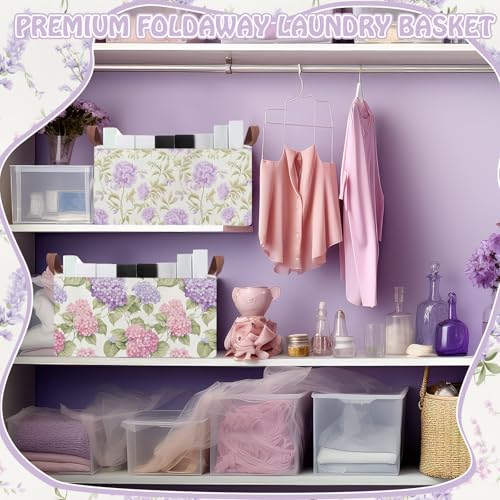 Boao 3 Pcs Purple Floral Storage Bin Wildflowers Collapsible Large Storage Baskets for Gifts Canvas Laundry Basket Foldable Box with Handle for Office Home Bedroom Clothes - style: Purple Flowers