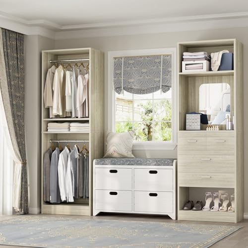Unikito 50” Closet System with 4 Drawers, 4.2FT Wood Closet Organizer with Hanging Rod and Mirror, Reversible Small Walk in Closets Wardrobe, Adjustable Sturdy Clothes Garment Rack, White Oak - color: White Oak, size: 50 Inch