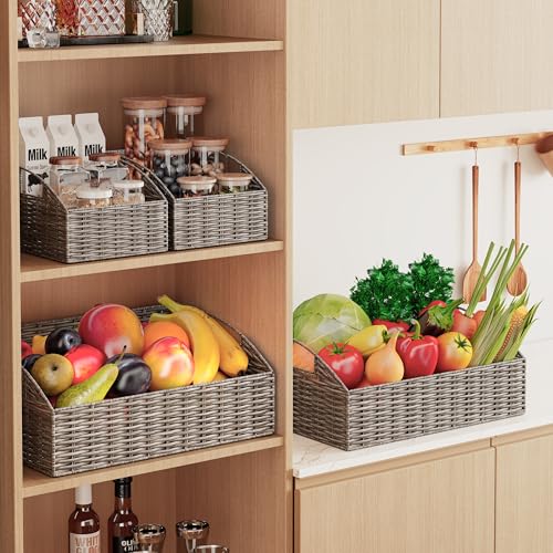 Ollieroo Rattan Storage Baskets, Handwoven Wicker Storage Bins with Built-in Handles, Storage Container Baskets for Shelves, Bedroom, Bathroom, Laundry Room or Kitchen(Grey) - color: Grey