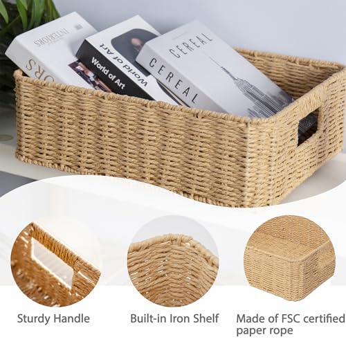 Drawer basket Handwoven Paper Rope Rectangular Shallow Basket Storage-15.35X12.01X4.72 Inches (Light brown) - color: Light brown