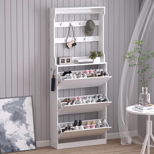 BORNOON Shoe Cabinet with 3 Flip Drawers & Coat Rack, Narrow Hidden Shoe Storage Cabinet, 2-in-1 Hall Tree Slim Freestanding Shoe Rack Organizer for Entryway, Hallway, and Living Room - color: White, size: 3-Drawer with Rack