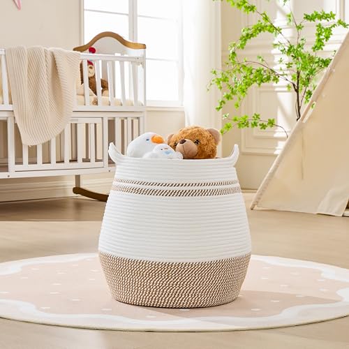KAKAMAY Large Cotton Rope Woven Basket for Storage (17"x17"), Collapsible Laundry Hamper for Baby, Blanket Basket for Organizing Living Room, Nursery, Clothes, Toy Chest, Brown Stripes - color: Brown Stripe