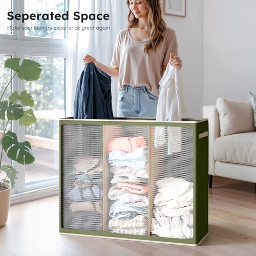 SOLEDI 180L 3-Section Laundry Hamper with Lid, Extra Large Dirty Clothes Basket with Sturdy Handles for Laundry Room & Bedroom - Durable Organizer for Sorting Laundry - color: Avocado Green, size: 180L