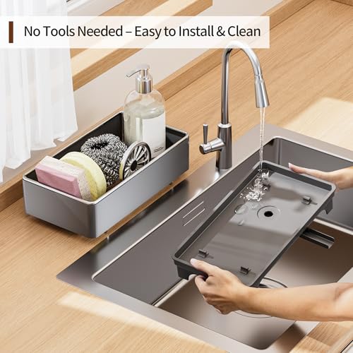 MOUKABAL Sponge Holder for Kitchen Sink – Rustproof Stainless Steel, 360° Rotating Drain Pipe, Large Counter Organizer with Drip Tray for Sponges, Brushes & Dish Cloths Grey - color: Grey 1
