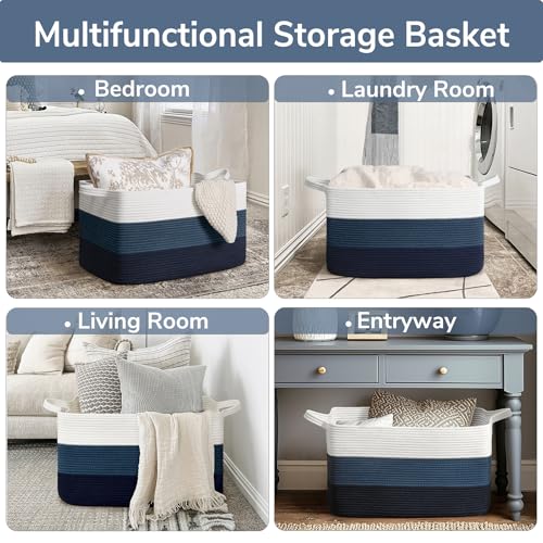 Goodpick Storaget Basket, 21.6" x 14.9" x 11.8", Toy Storage Baskets for Bedroom, Large Baskets for Organizing, Rectangle Woven Rope Basket for Blanket Storage, Blue - color: Light Blue, size: Large(21.6"L x 14.9"W x 11.8"H)