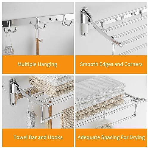 BESy 24 Inch Polished Chrome Towel Racks, Bathroom Towel Shelf with Foldable Towel Bar Holder and Towel Hooks, Wall Mounted Multifunctional Bathroom Accessories, Double Towel Bars - color: Chrome