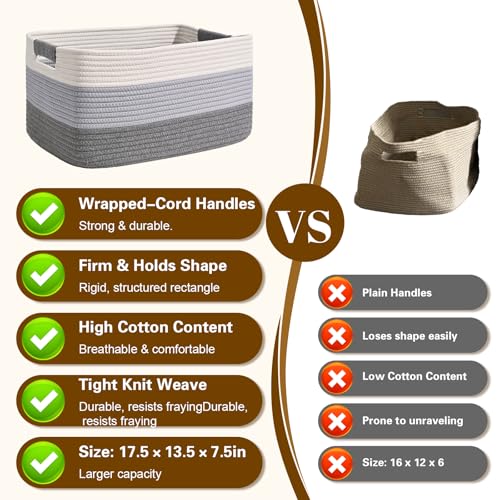 4 Pack Large Storage Basket for Organizing, 17.5"x13"x7" Woven Basket for Shelves, Closet Cube Storage Bins with Wrapped Handle, Cotton Rope Baskets for Kitchen, Clothes, Toys(Gradient Grey) - color: Gradient Grey, size: 4 Pack
