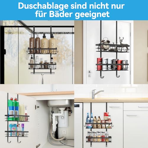 Over the Door Shower Caddy Hanging, Rustproof Hanging Shower Organizer for Glass Door, No Drilling Adjustable Shower Shelves for inside shower with 4+3 Hooks, Suitable for Kitchen/Bathroom/Balcony