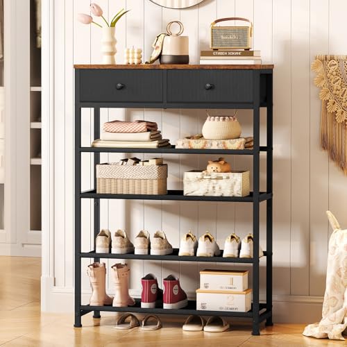 usikey Shoe Rack, 5 Tier Shoe Storage Organizer with 2 Drawers, Metal Shoe Shelf for 12-16 Pairs of Shoes, with 4 Oxford Fabric Shelves and Wooden Top, Shoe Stand for Closet Entryway, Black UNYXJX013H - color: 5 Tier ( 28.3 X 11 X 36.2 Inches)-black