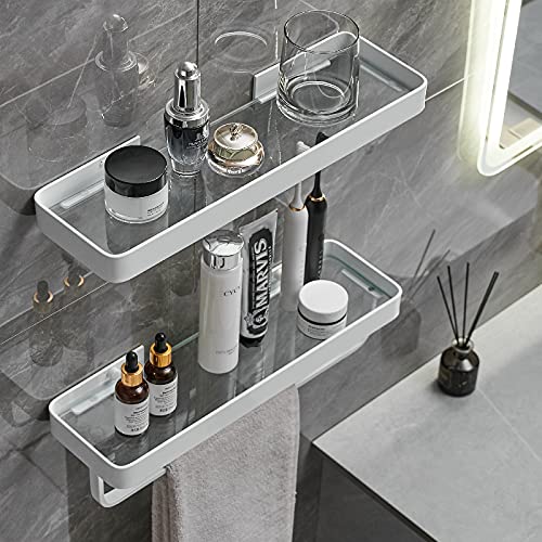VOLPONE Bathroom Shelves Wall Mounted 2 Tier Glass Floating Shelf - Tempered Glass Wall Organizer (White) - color: White(rectangular)