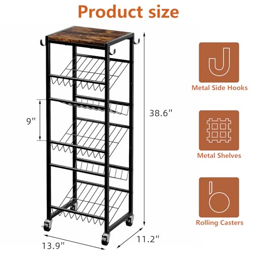 6 Tier Rotating Shoe Rack Tower with Wheels, Wooden Shoe Storage Organizer with Hooks, Sturdy Metal Narrow Shoe Shelf for 6-12 Pairs, Vertical Organizer for Closet Entryway, Rustic Brown - size: 6-tier(13.9 × 11.2 × 38.6)